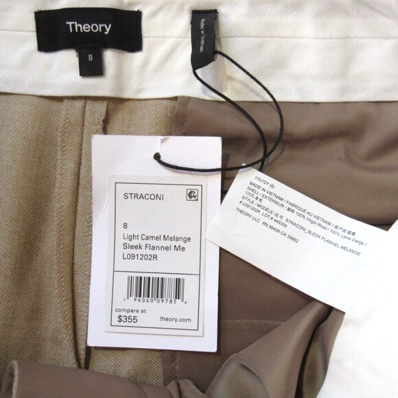 NWT THEORY Straconi in Light Camel Melange Pleated Sleek Flannel Wool Pants 8 - Picture 6 of 7